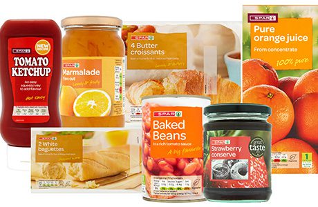 Spar Brand suggests highlighting breakfast products like fresh coffee, orange juice, bacon, sausages and croissants. Many of its products are price-marked and on offer at two for £2, £4, or £5 with flashes on packs. 