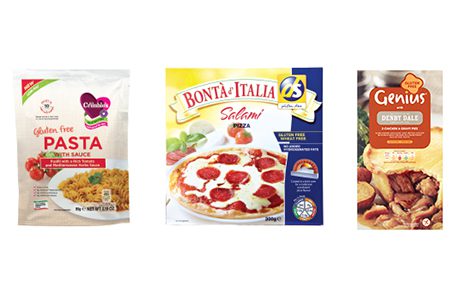 Mrs Crimble’s Gluten Free Pasta with Sauce (above left) is one of many new products highlighted at Free From Food/Ingredients 2015 this month. Bonta d’Italia (centre) are a gluten-free pizzas range recommended for larger c-stores by DS-Gluten Free, while gluten-free pies (right) are part of Genius’s growing frozen range.