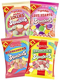 Swizzels Matlow’s Squashies range includes soft gum versions of Love Hearts, Double Lollies, Drumstick Lollies and New Refreshers.