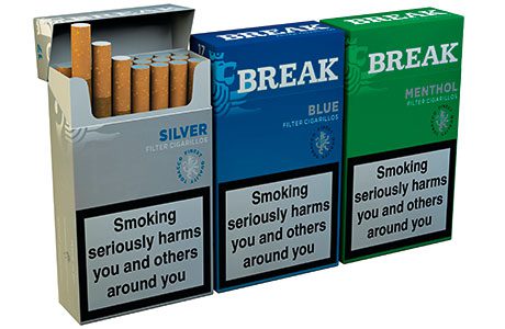 Break Little Cigars come in cigarette-style hard packets, price-marked and plain. A pack of 17 retails at £4.59. 