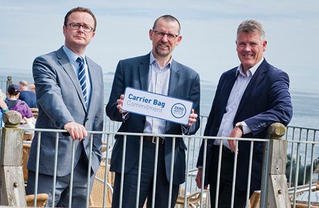Left to right: John Lee, Scottish Grocers’ Federation; Iain Gulland, Zero Waste Scotland; Tom Brock, Scottish Seabird Centre, at the launch of the Carrier Bag Commitment.