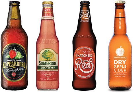 Kopparberg Strawberry & Lime, Somersby Cranberry, Thatchers Red, Rekorderlig Dry Apple and Magners Light Orchard Berries (below)  – all competing for the attentions of young adult consumers.