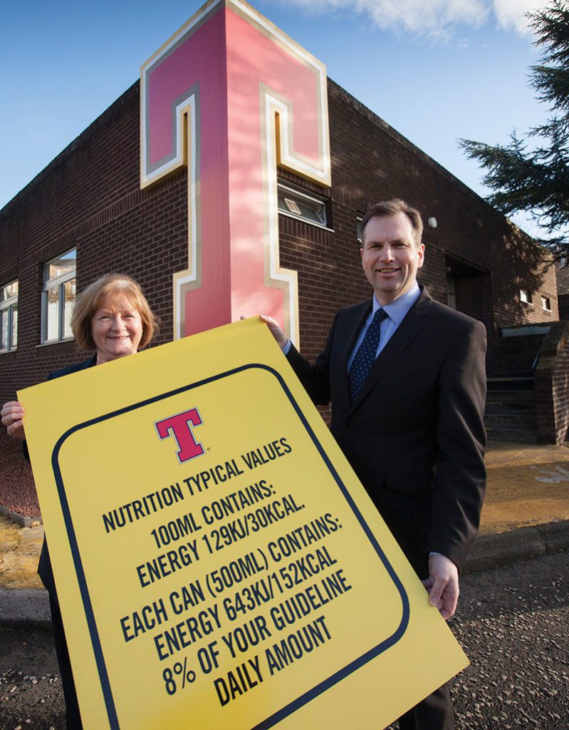 Health minister Maureen Watt and Tennent Caledonian MD Alastair Campbell announce the nutritional info move.