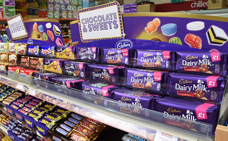 Hornbeam Store takes the idea of grouping by pack format a stage or two further. The top shelf of its confectionery fixture is dedicated to tablet chocolate, many of which are in PMPs. But to increase visibility they are displayed upright and facing outward to be quickly and easily noticeable to shop customers as they enter the store.