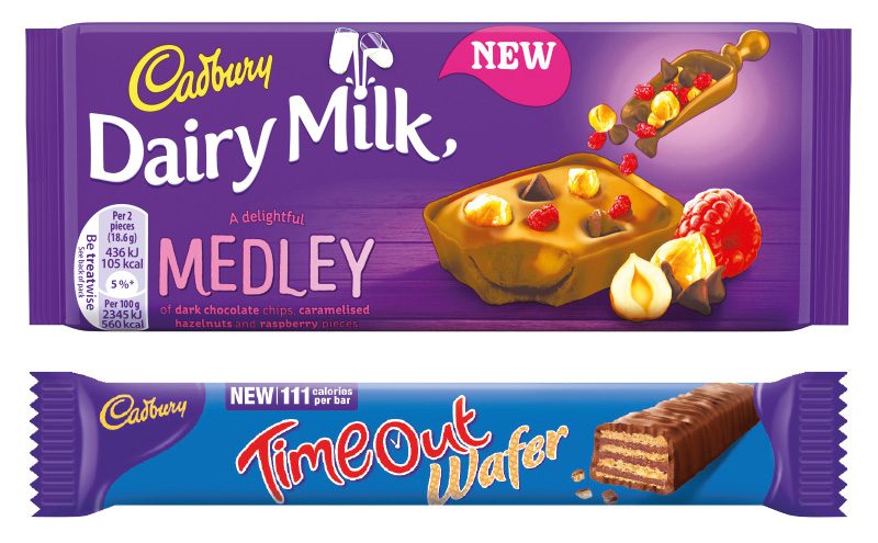 Two of the latest product developments from Mondelez International – new Cadbury Dairy Milk Medley in small tablet size and Time Out Wafer, with a 111 calorie count on the front wrapper.