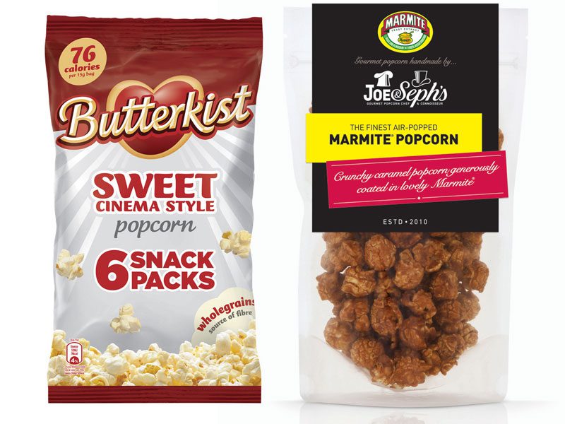 Butterkist says that multipack is one of the fastest growing pack styles in popcorn. One of the newest flavours in an expanding market is Marmite Popcorn a collaboration by Unilever and Joe & Seph’s.