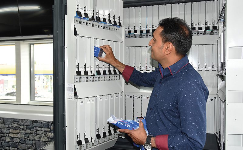 Mahmood is pictured, right, restocking the store’s cigarette gantry from his office on the first floor. All cigarette stock is secured upstairs, away from customers. Using their touch-screens at the counter, staff can request a pack and it is delivered to them through a chute. The vending system was designed and installed by Navarra Retail Systems. Navarra’s owner, Eamonn de Valera, said: “Mahmood had a specific vision about what he wanted to achieve which posed interesting technical challenges for us to overcome. I believe his ideas were good and the end product works well.”