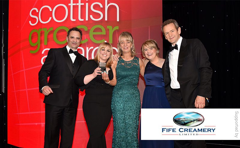 Steve Appolinari, sales director, Fife Creamery and Alexander Armstrong present the Food to Go Award to Fiona McFadyen and Elizabeth Peden, Scotmid Ratho.
